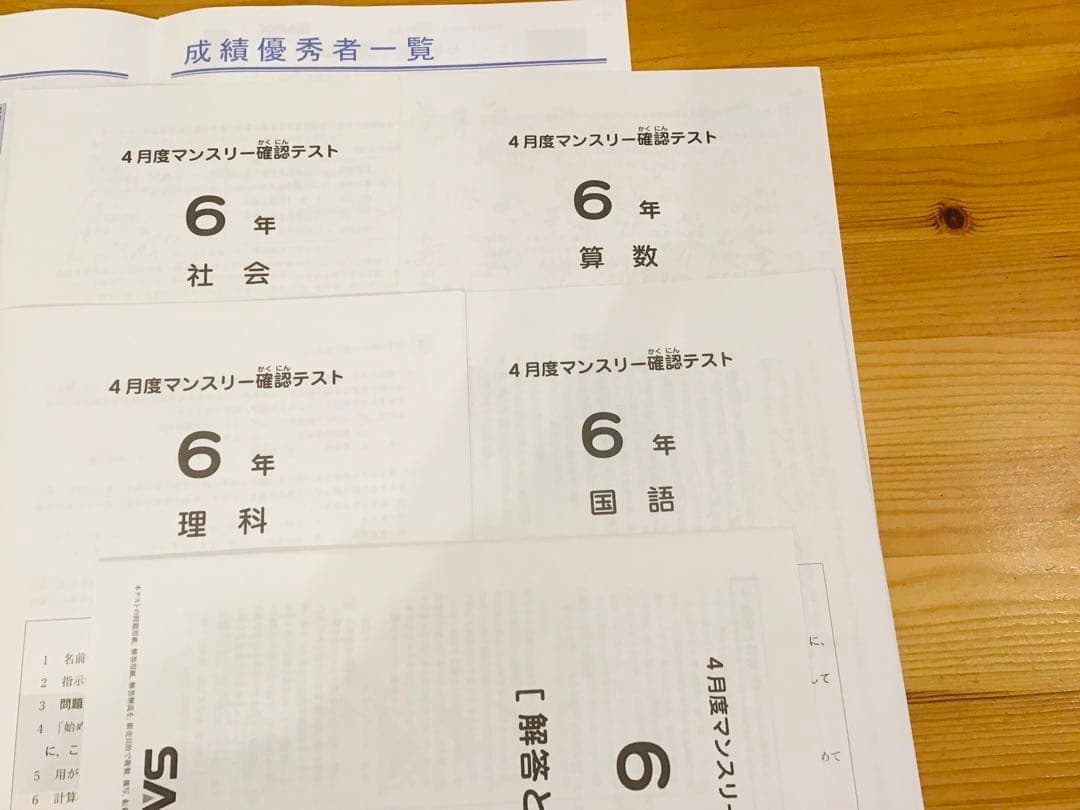 SAPIX 6年4月度マンスリー確認テスト 成績優秀者一覧の4科目合計付き