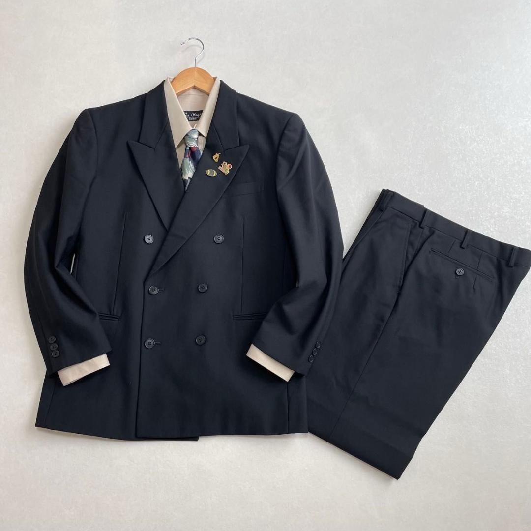90s ヴィンテージ セットアップ ダブルスーツ ブラック×ブルー 極上