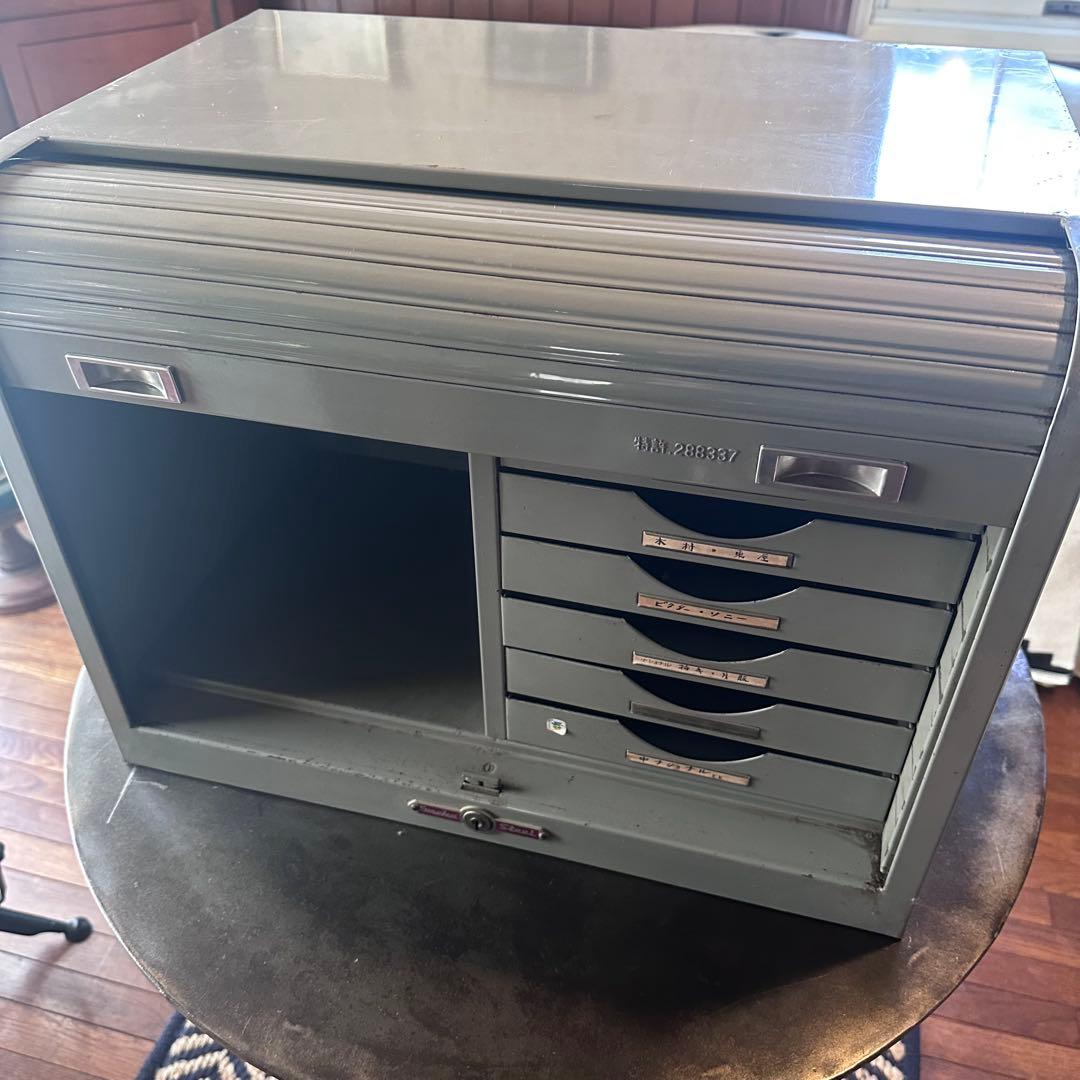 ビンテージ　スチール　シャッターケース　シャッタートレー　トレーキャビネット 4H01TS-ZA75 オカムラ レクトライン 上下兼用シャッター書庫浅型 幅800