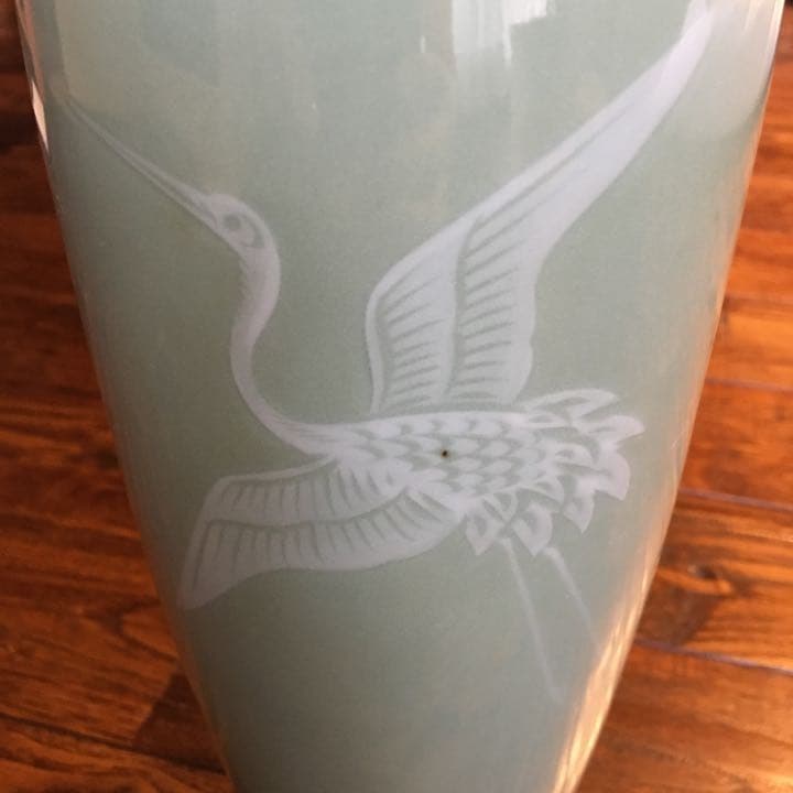 経年70年以上 清水焼 青磁 『鶴』花瓶 花器 花入 壺 飾り壺 時代物 骨董