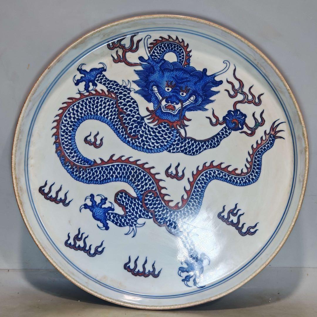 旧家蔵出　時代物　置物　清国時代　大型　青花瓷 お皿 楽天市場】景徳鎮 青花 麒麟文盤 特大皿 3.5尺 直径約1m15cm 中国美術