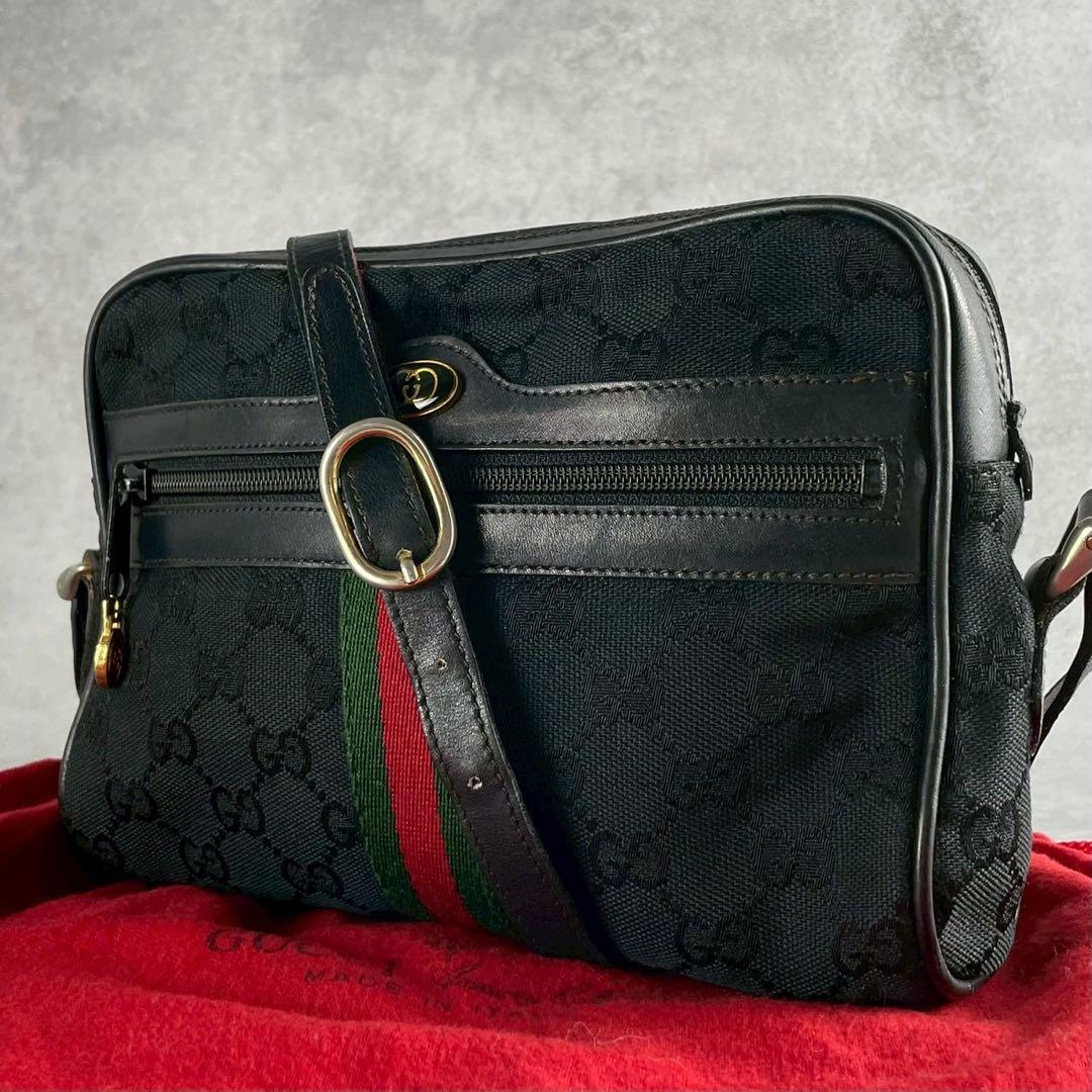 定番✨ GUCCI ショルダーバッグ GGキャンバス シェリーライン ブラック 極美品〜美品】GUCCI グッチ ショルダーバッグ GGキャンバス×レザー