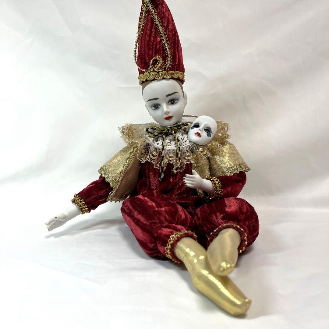 アンティーク ビスクドール ゼンマイ式オルゴール ピエロ 人形