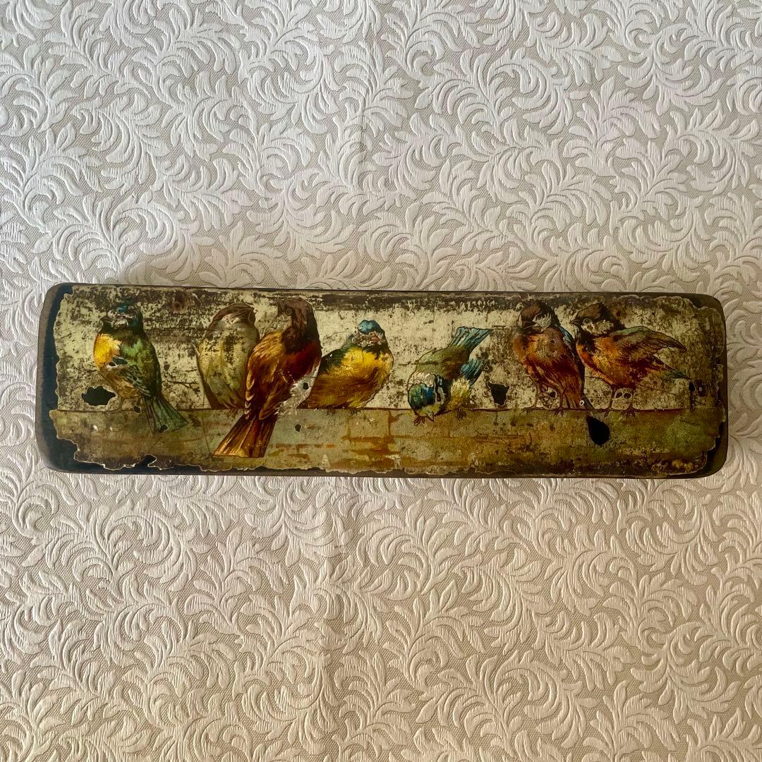 パピエマシェ小鳥柄ペンケース 筆箱 フランスアンティーク 雀 スズメ