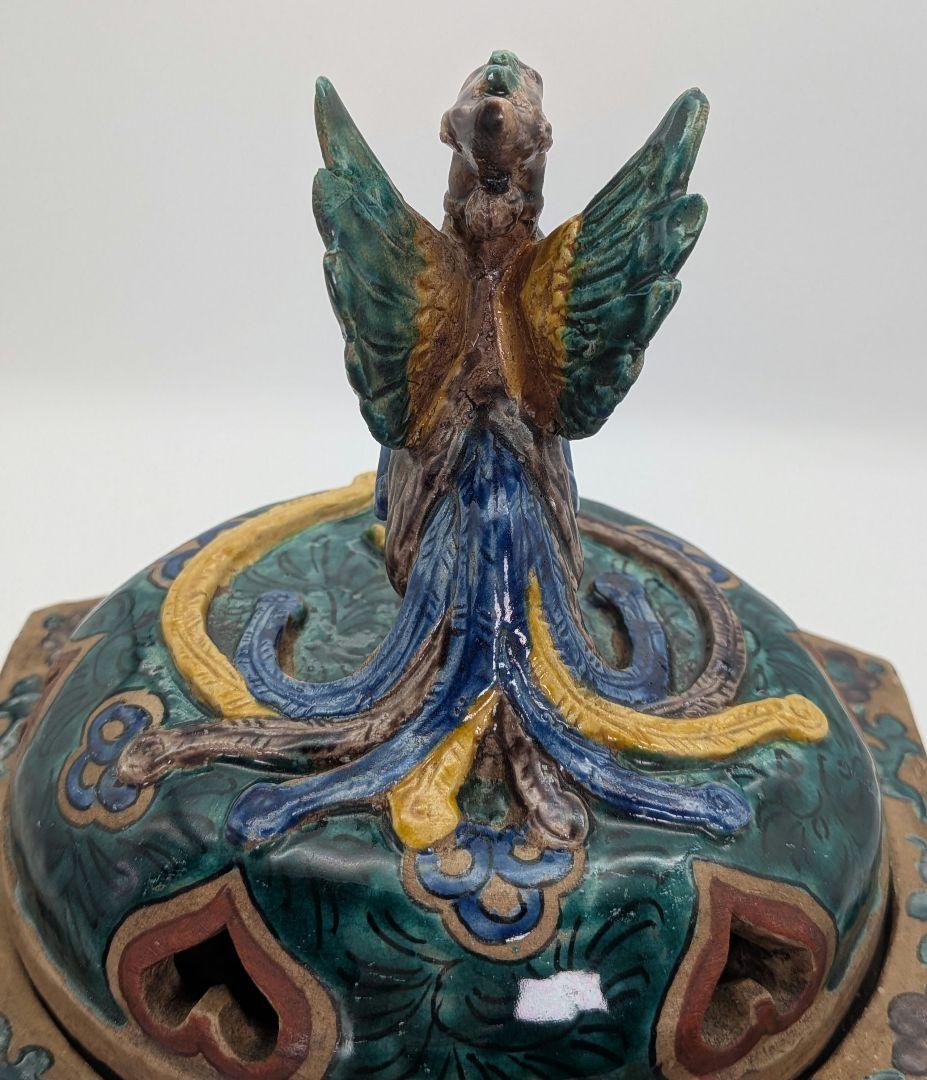 江戸期 古九谷 青手鳳凰摘三足香炉 合箱 角福 九谷焼 色絵窓絵 山水図