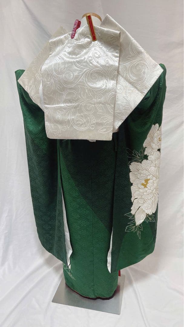 緑色の振袖 白い花刺繍 振袖 振袖フルセット 正絹 成人式 振袖6点
