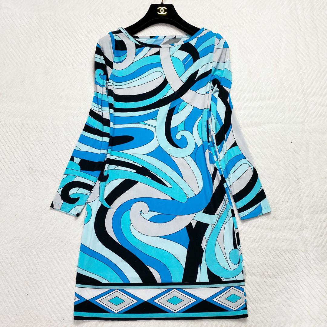 エミリオプッチ風✨ワンピース チュニック プッチ柄 ブルー 総柄 長袖