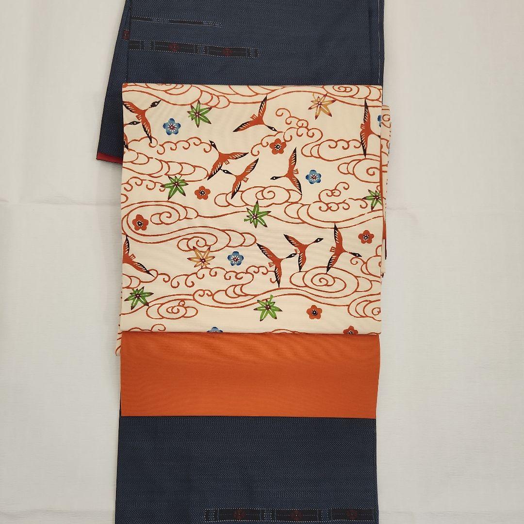 開き名古屋帯 塩瀬 染帯 九寸 紅型 雲間飛鳥文 朱色 オレンジ - メルカリ