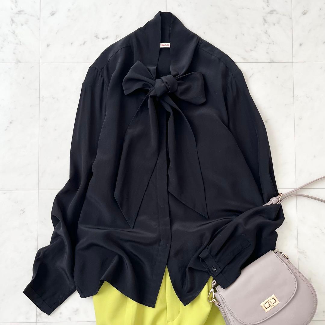 美品♪バッカ　シルク100% 洗える　シャツ　ボウタイ　リボン　日本製　長袖　M シルク ブラウス ボウタイ リボン 送料無料 ボウタイブラウス 長袖