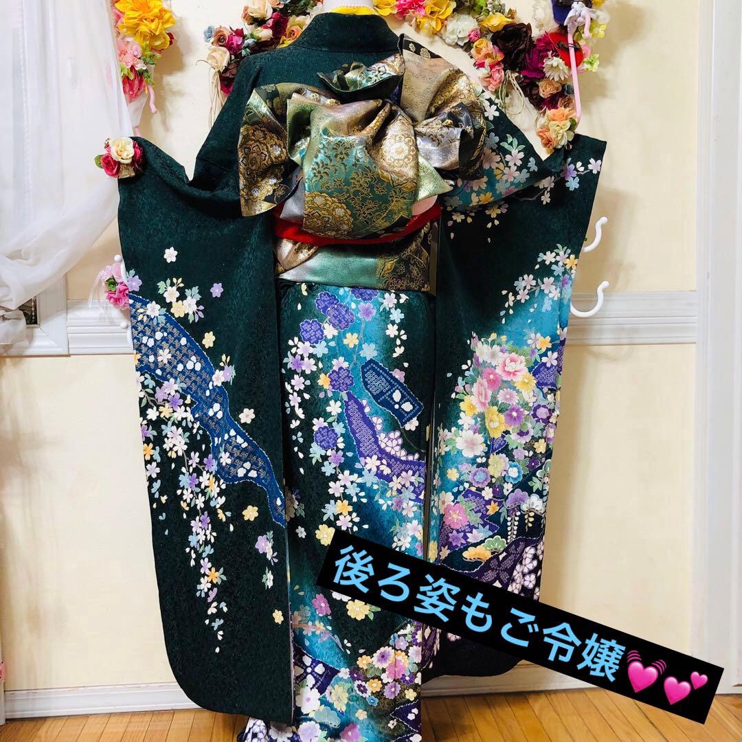 振袖正絹フルセット‼️豪華絢爛深緑×水色ラメキッラキラ⭐︎花々金彩