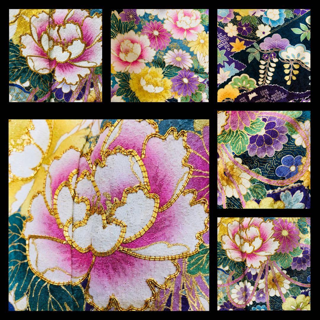 振袖正絹フルセット‼️豪華絢爛深緑×水色ラメキッラキラ⭐︎花々金彩