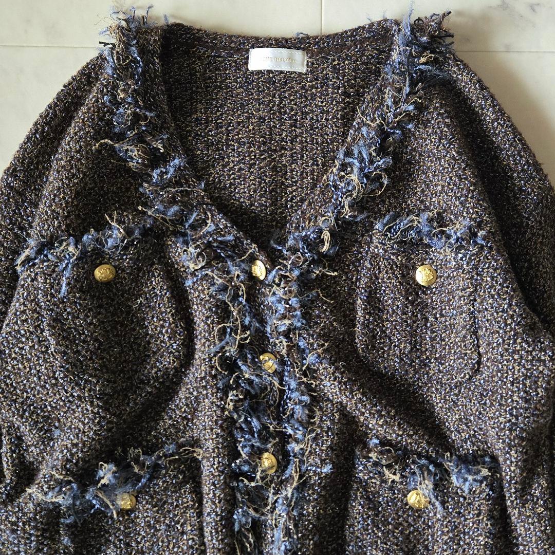 リヴドロワ ツイードニットカーディガン ブラウン 茶 金ボタン