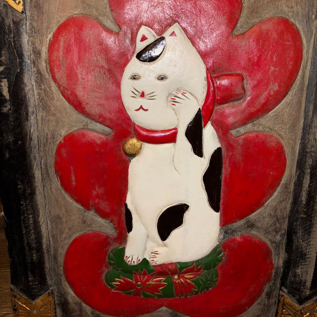 アンティーク 大型 木製 招き猫 木彫り 猫看板 縁起物 商売繁盛 骨董 猫