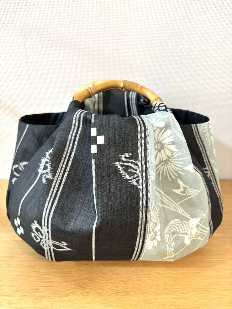 和装バック着物バック琉球柄 蝶と鯉みんさー柄（黒グレー） 入学卒業