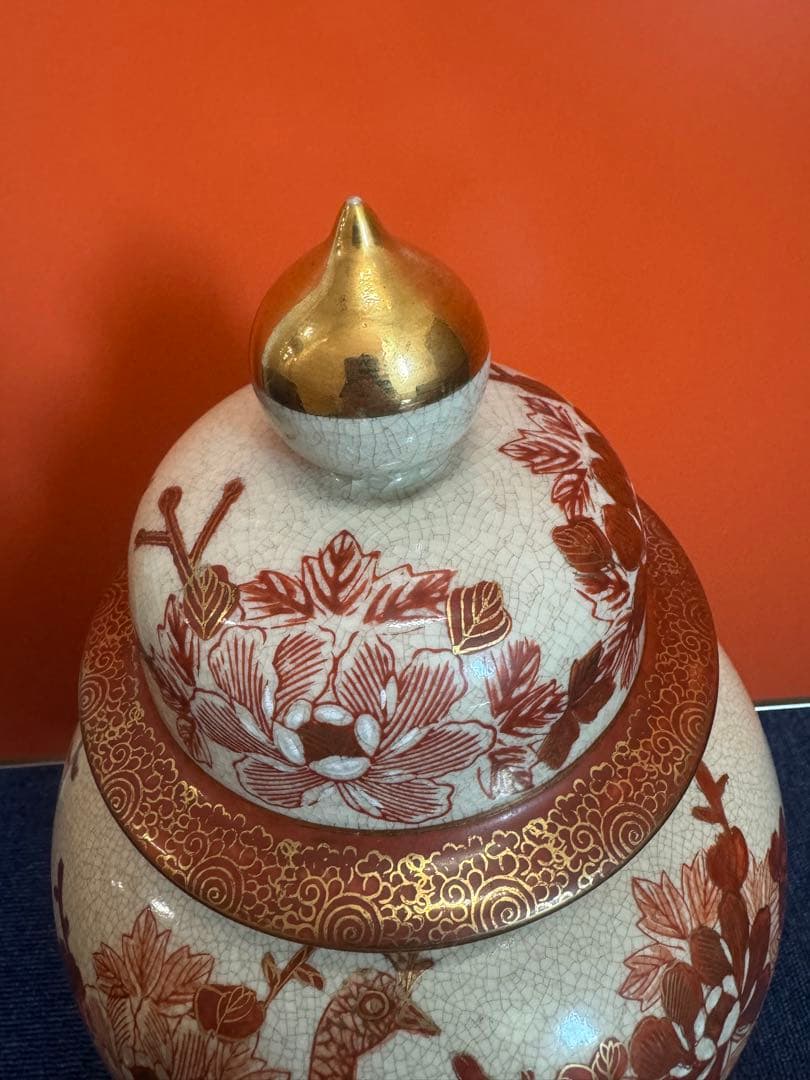 1863 薩摩焼 九十字壺 金継ぎ 赤絵金彩 孔雀牡丹 沈香壷 高40cm時代物
