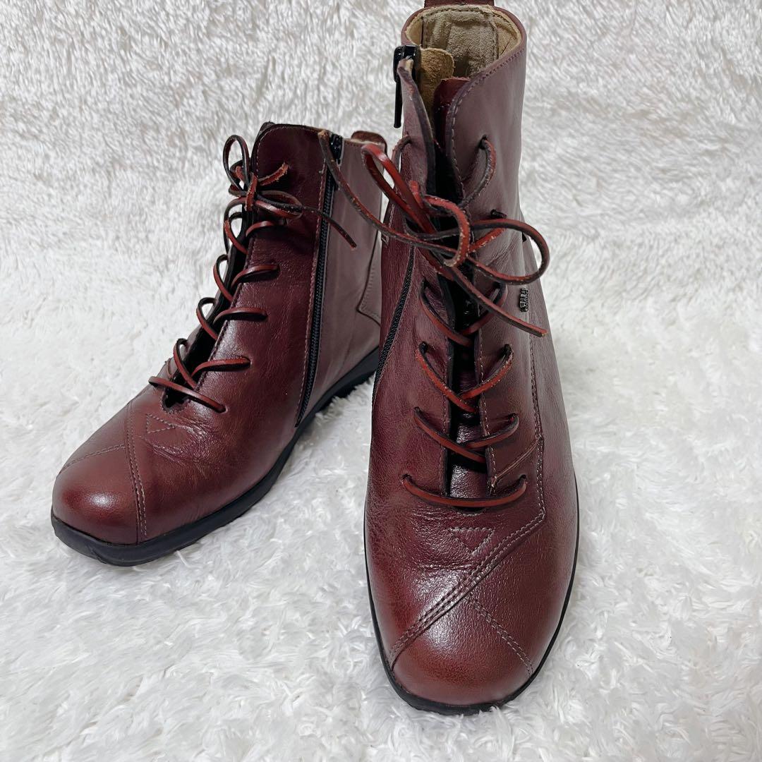 美品✨　フィンコンフォート　 レースアップブーツブーツ　ボルドー　サイズ5 24 特注サイズ】レザーレースアップブーツ DASEIN × THE TKY ＆ Co