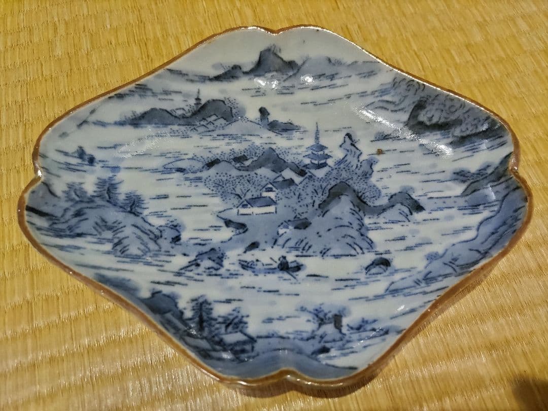 古伊万里　型紙摺　印判　入隅　菱形　皿（21×17cm）二重角福　藍柿 e7f29399fcb0ae676e08a2837986ba