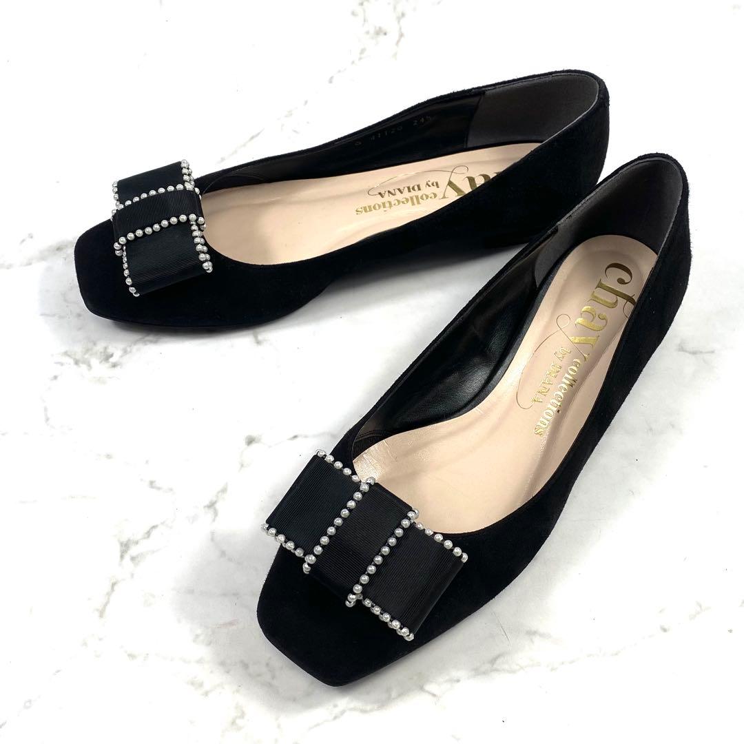 DIANA x chay パールリボン パンプス フラットシューズ 黒 24.5 DIANA x chay パールリボン パンプス フラットシューズ 黒 24.5