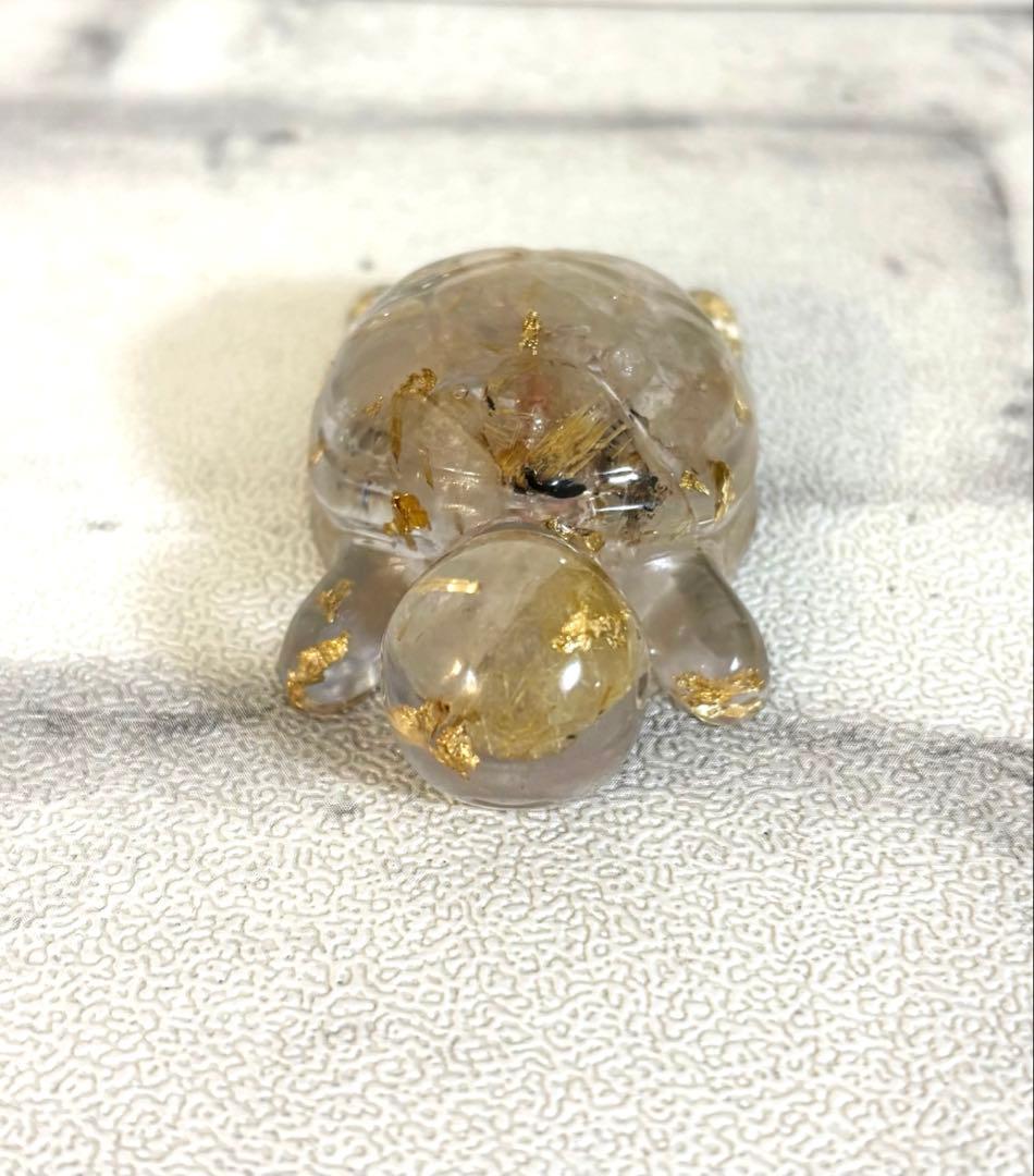 インテリア 金箔入りクリアレジン亀の置物 幸運オルゴナイト ルチル