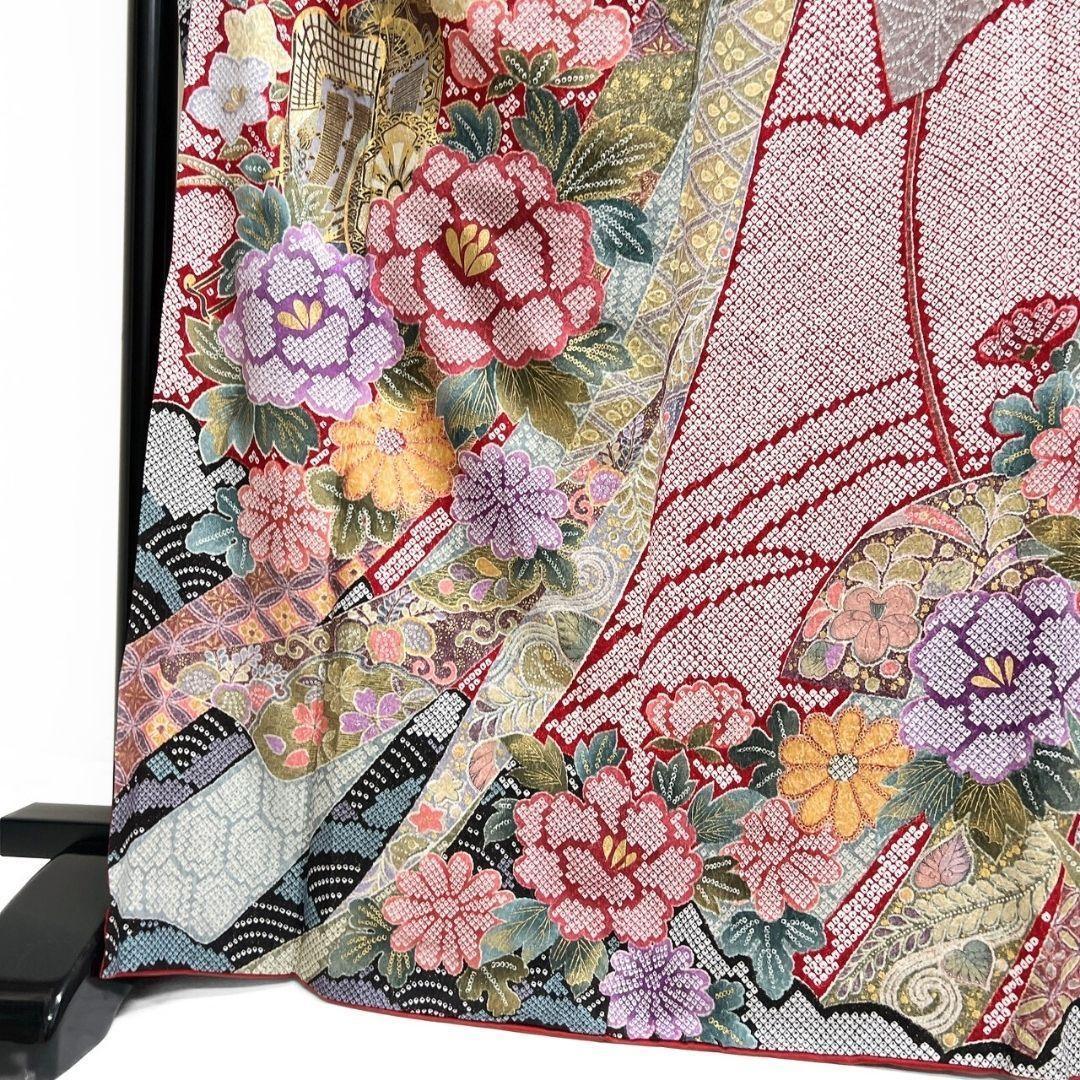 振袖 銀通し 金彩 辻ヶ花 鹿の子 牡丹 花模様 紅白 着物 121b p ms