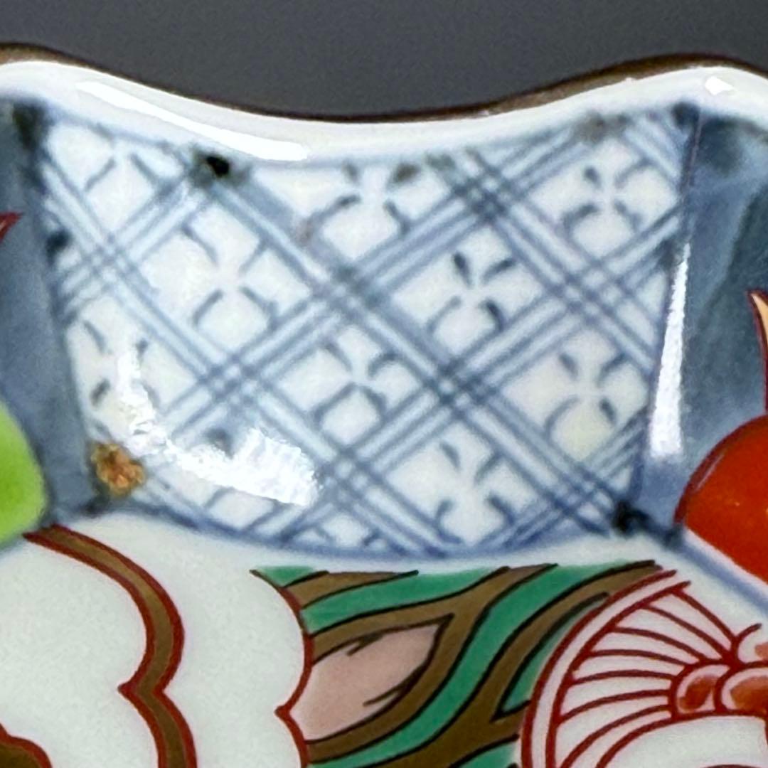 古伊万里風 冨貴長春 色絵鶴亀松竹梅文変形皿 五客 料理屋 古器を