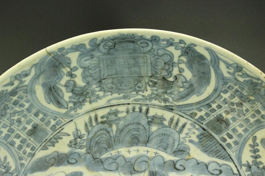 中国美術 青花 呉須 古染付 帆船図 大皿 φ47cm 明 貿易船(LC647