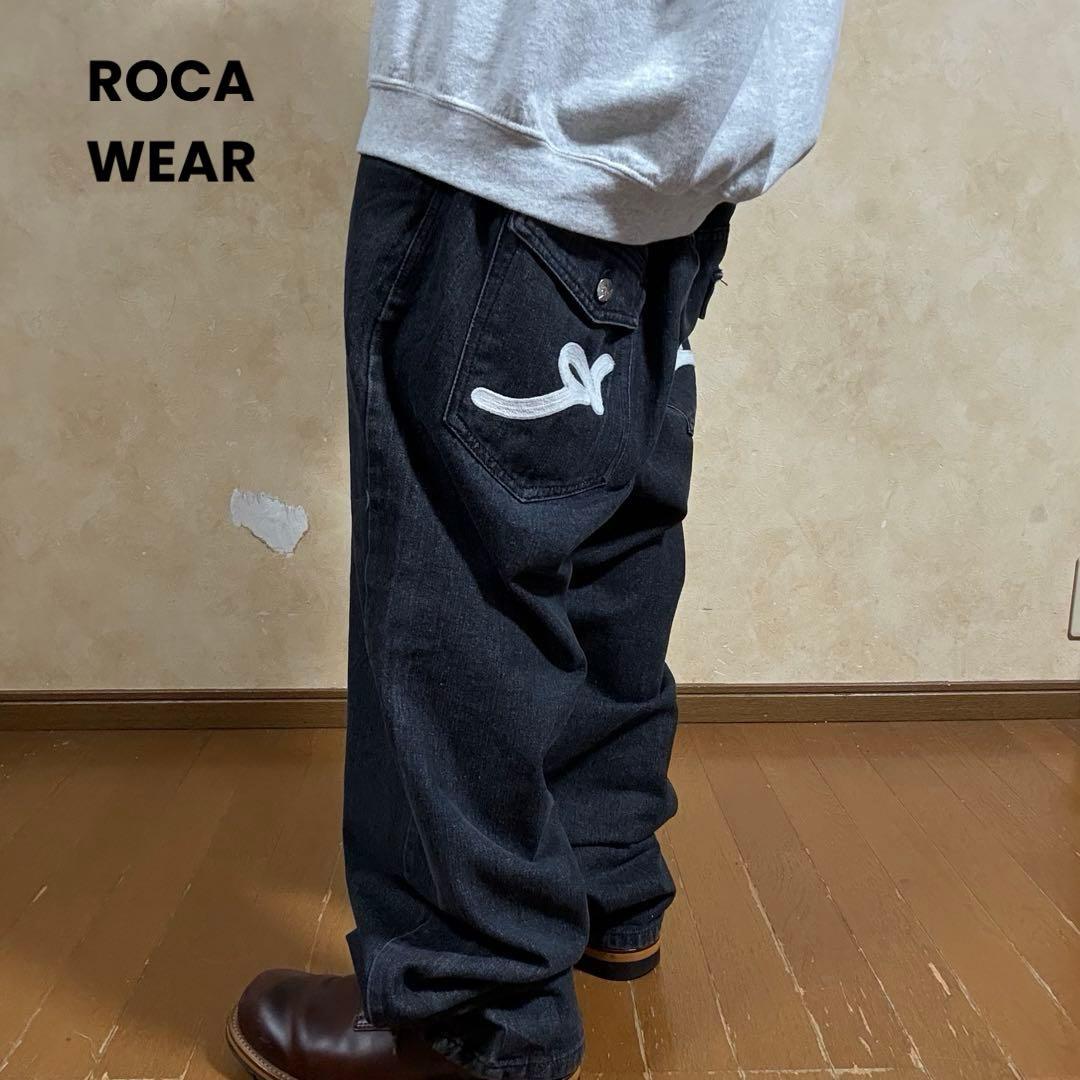 00s ROCA WEAR 先染め ブラックデニム 刺繍 W44 極太 バギー ロカウェア ROCAWEAR 先染め バギージーンズ ブラックデニム バギー