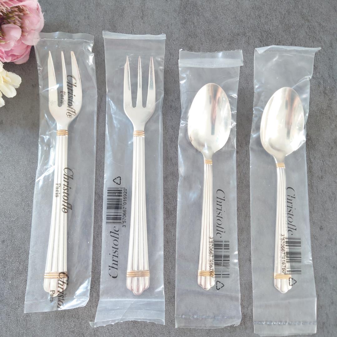 クリストフル アリアゴールドリング ケーキフォークコーヒースプーン 未開封 4点 美品 クリストフル アリアゴールドリング テーブルスプーン 未開封含む