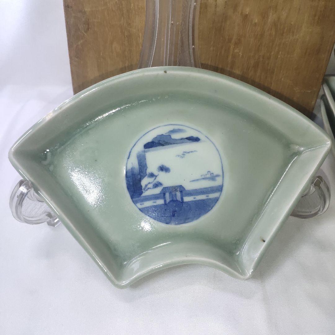 扇型皿 青磁に染付 山水図 幕末骨董 旧家蔵出し コレクター放出美