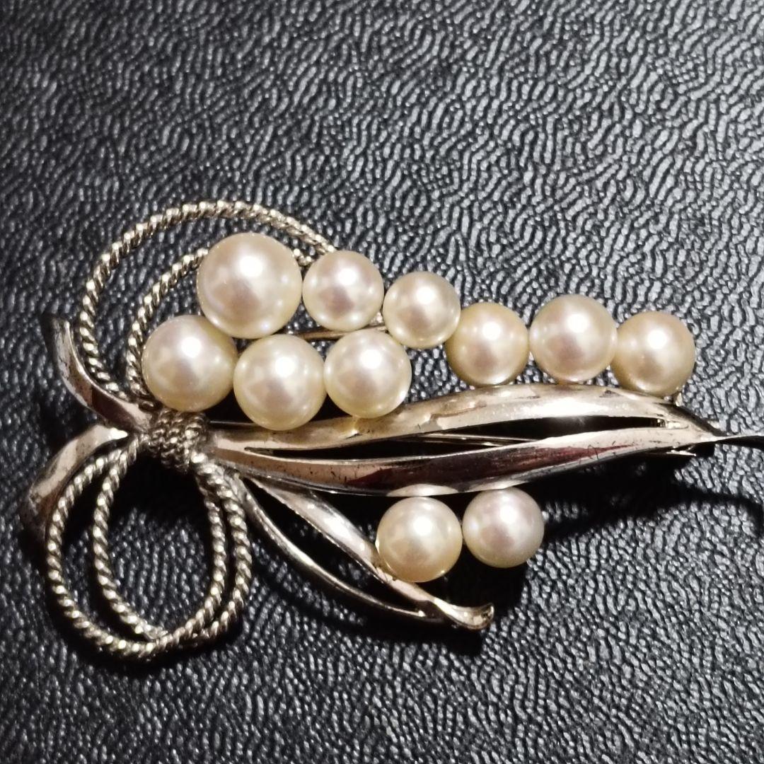 ミキモト パール　11粒　ブローチ　コサージュ　リボン　SV 美品 MIKIMOTO あこやパール ブローチ コサージュ リボン 愛子様