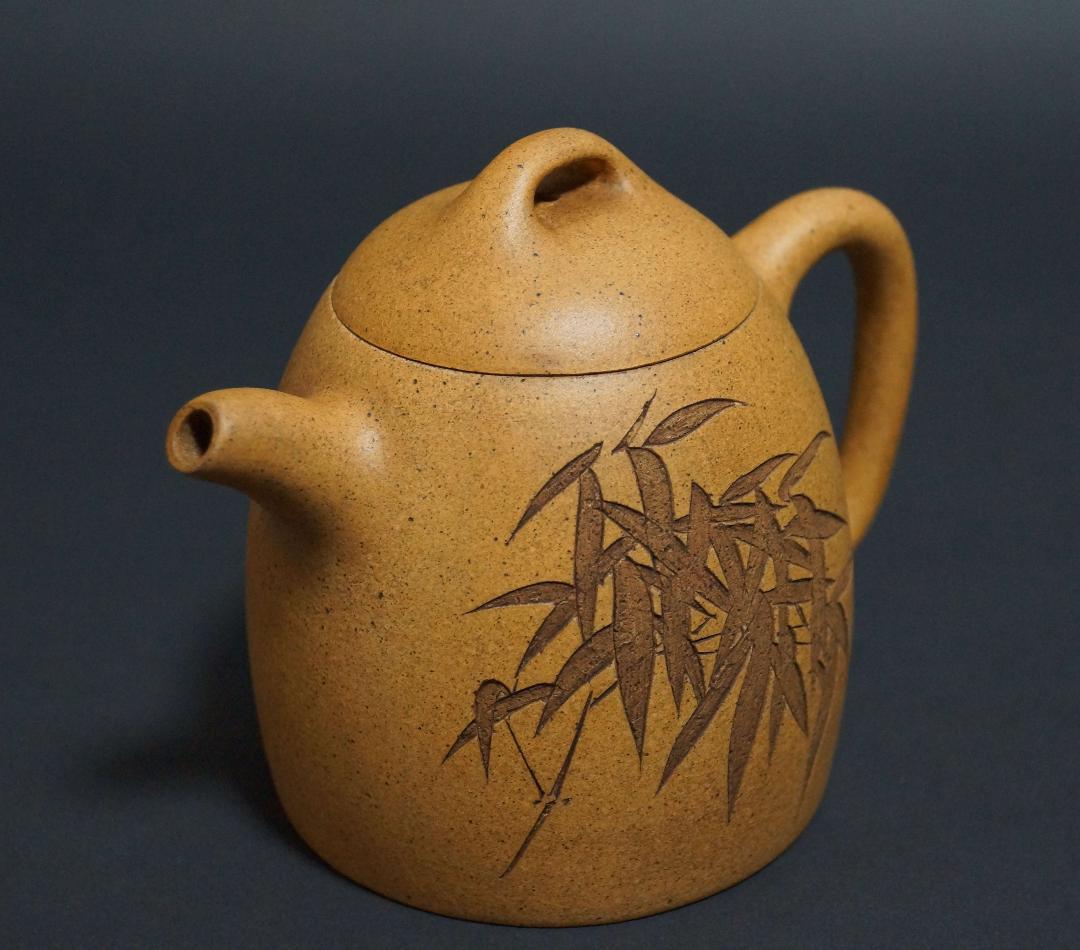 清 名家 「石林何氏」款 何心舟作 細工彫り『竹漢詩文』 造形紫砂壺