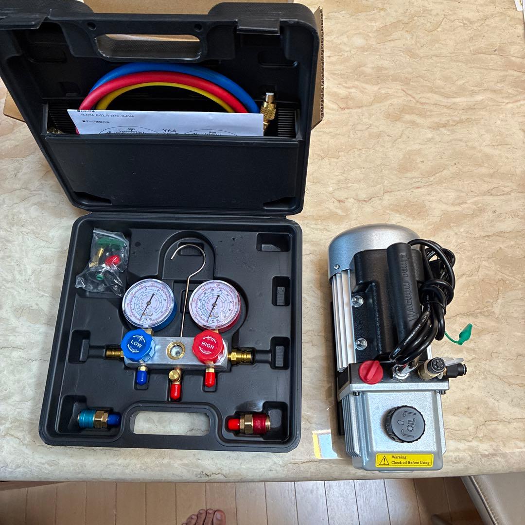 マニホールドゲージ　真空ポンプ 真空ポンプ マニホールドケージ エアコンガスチャージセット エアコン