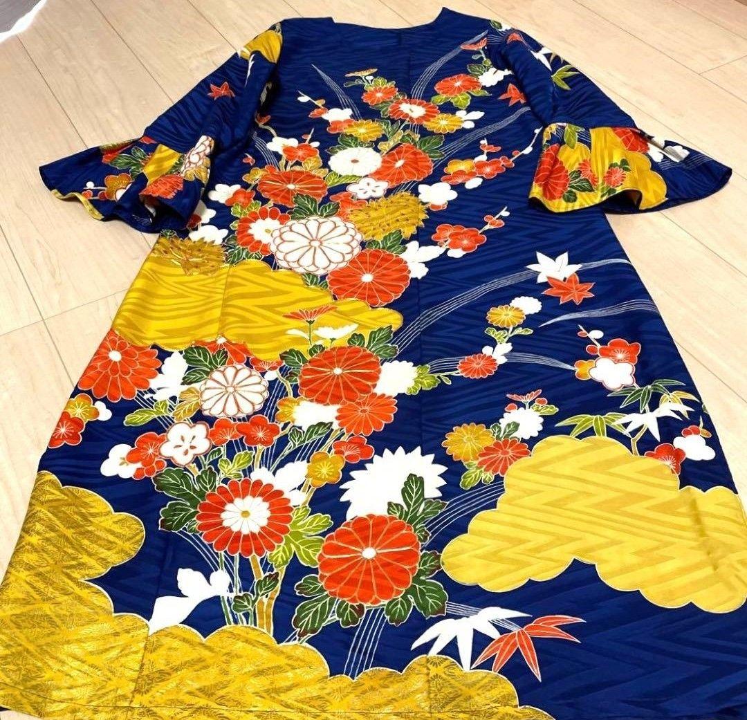 正絹 古典柄 振袖リメイクフレアドレス 紺 - メルカリ