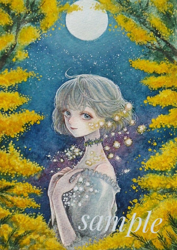 手描きイラスト オリジナル アナログ ミモザ 色鉛筆画】春色ミモザリース | オリジナルイラスト | 女の子イラスト