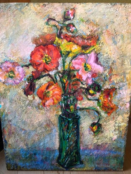 油絵 絵画 ポピーの花 ポピーフィールドの油絵オリジナルアートワークキャンバスに描かれた