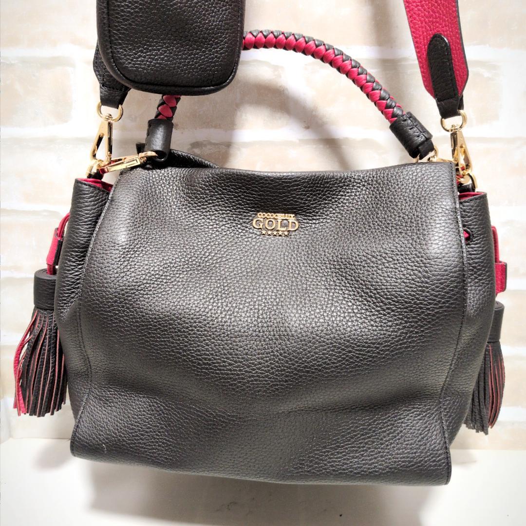 ☆ココセリュックスゴールド 2WAY シボ革 バッグ スマホケース付 黒赤