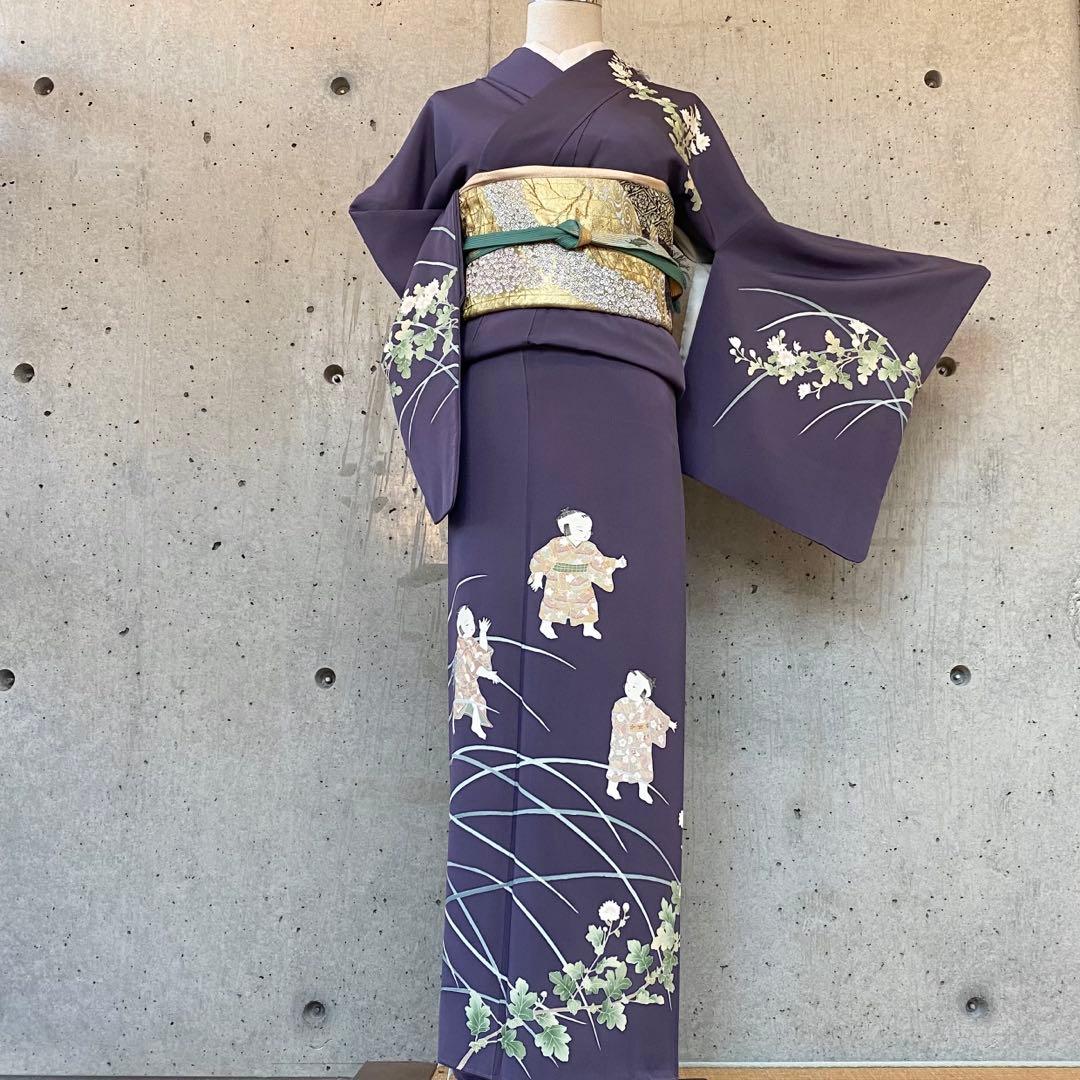正絹　訪問着　童子柄　落款　一つ紋　紫系　袷 正絹 訪問着 童子柄 落款 一つ紋 紫系 袷 - メルカリ