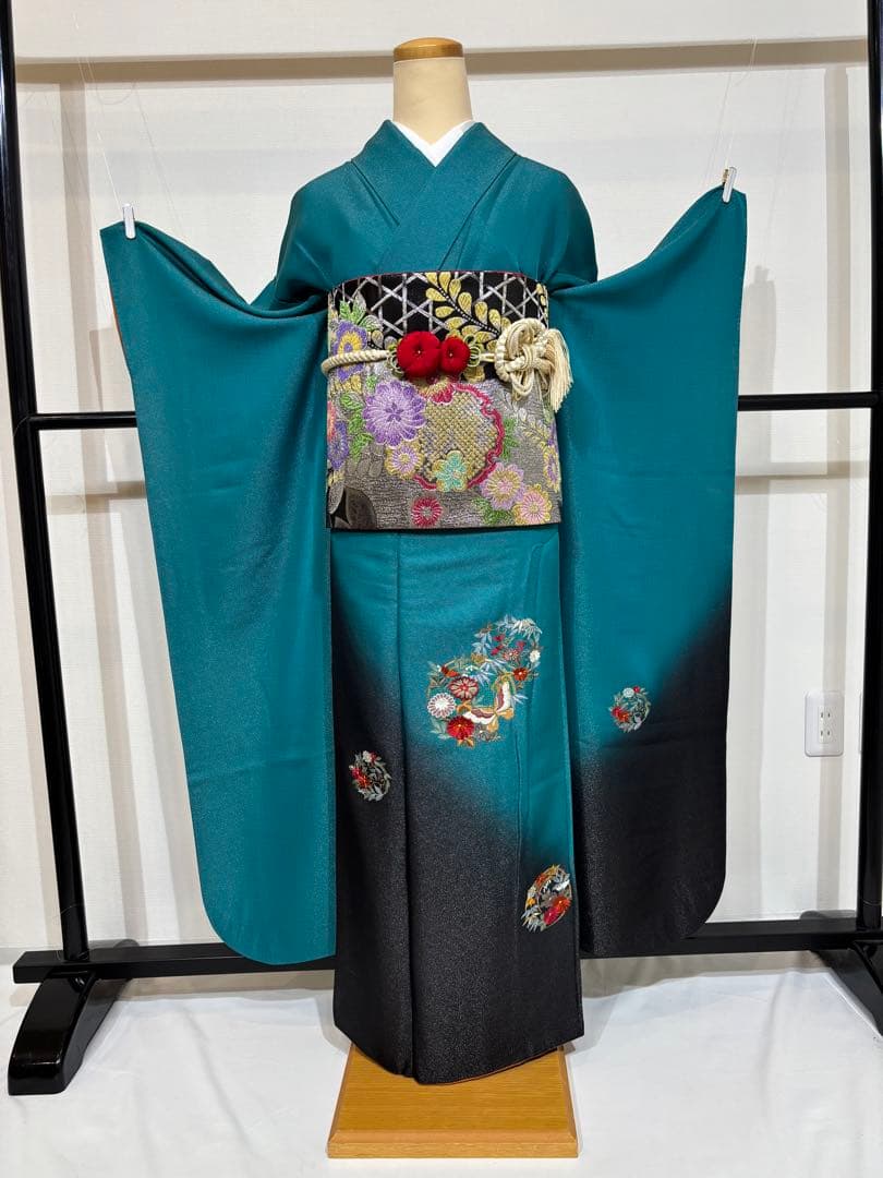 豪華】振袖 青緑 刺繍 スワトウ 成人式 正絹 身丈154 裄丈65 f7