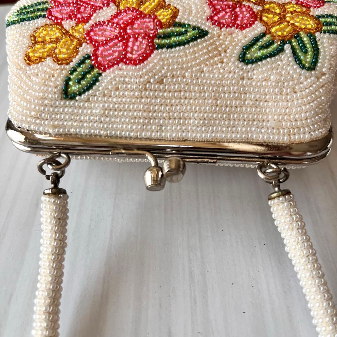 ビーズバッグ 総ビーズ 昭和レトロ ホワイト 花柄 ハンドバッグ - メルカリ