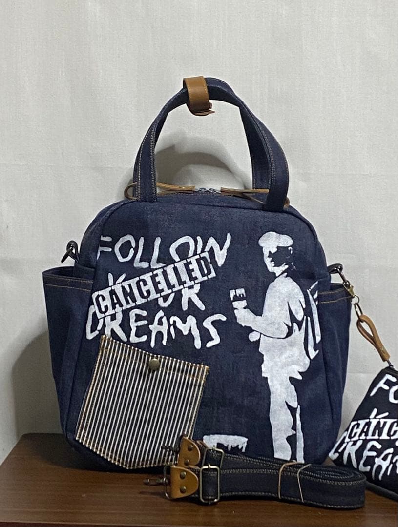 ☆岡山デニム☆ステンシル☆バンクシー4wayボストンバッグ - メルカリ