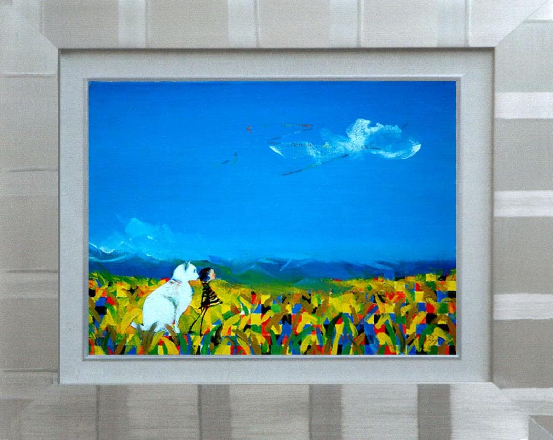 油絵菅家令子絵 絵画インテリア額付(青緑＋金色の枠)F4-072119