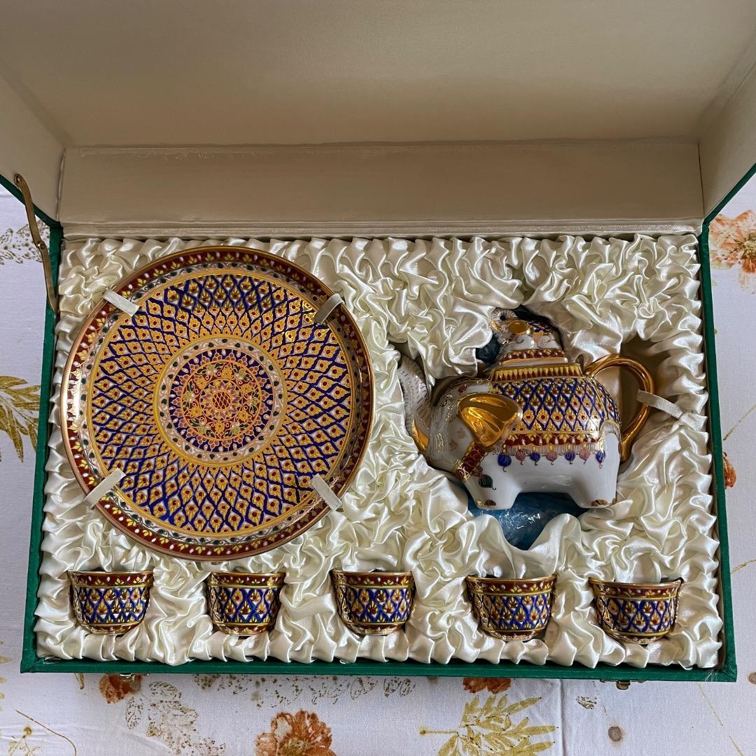 ベンジャロン焼き ティーセット 象ポット 小カップ5個 箱付き タイ雑貨