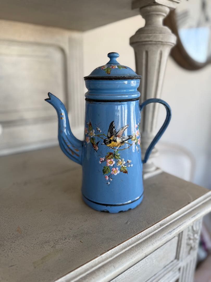 フランスアンティーク激レア！小花と小鳥のハンドペイントホーローコーヒーポット アンティーク 