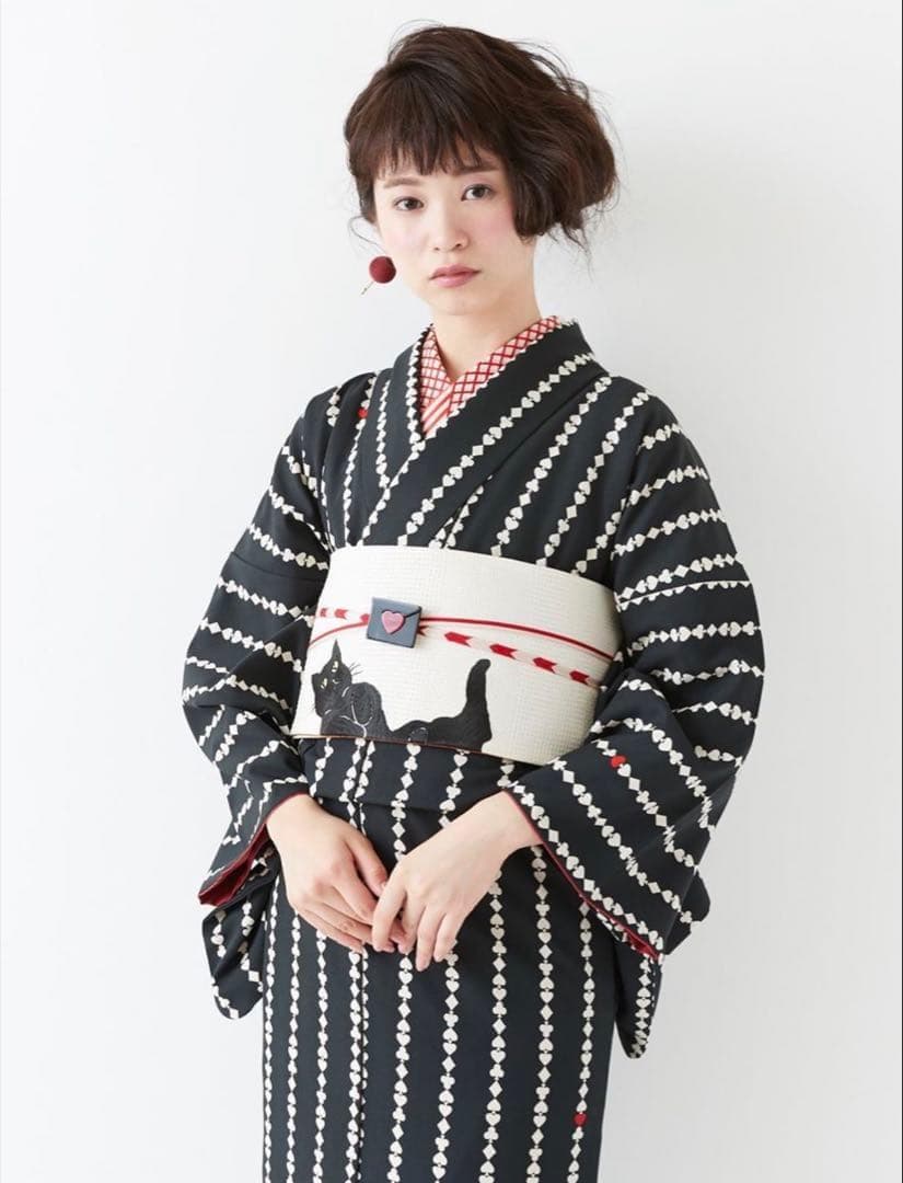 着物12 ふりふ いろはトランプストライプ柄袷着物 黒 身丈165裄丈