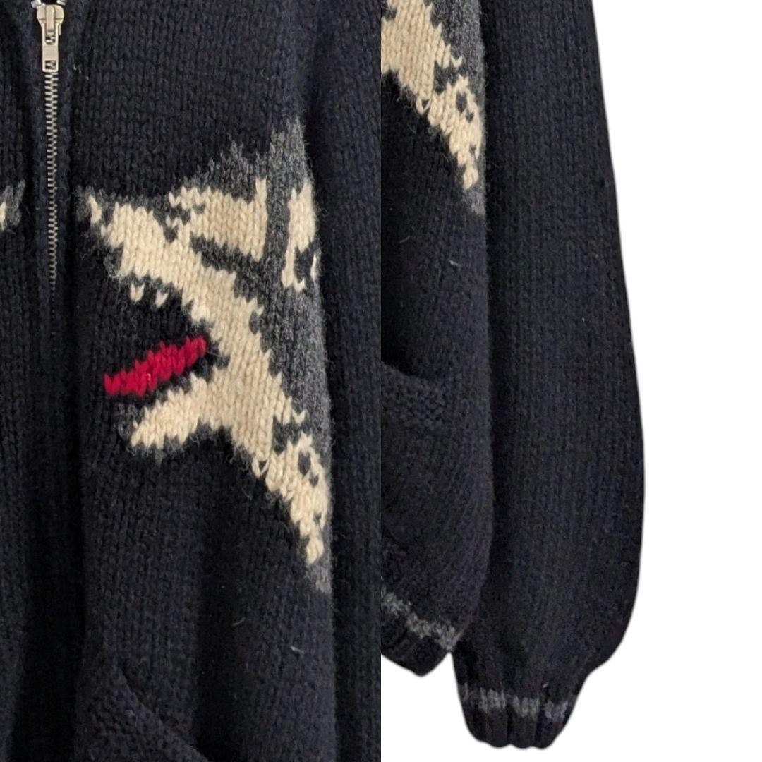 Vintage古着 80s 狼オオカミウルフ カウチンニット ジップアップ 犬