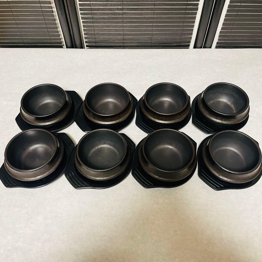 韓国 直火用 トゥッペギ（뚝배기）12cm 8個＋専用受け皿8枚セット トッペギ 2号 幅12cm 下敷きトレイ付セット チゲ用 土鍋 石焼ビビンバ