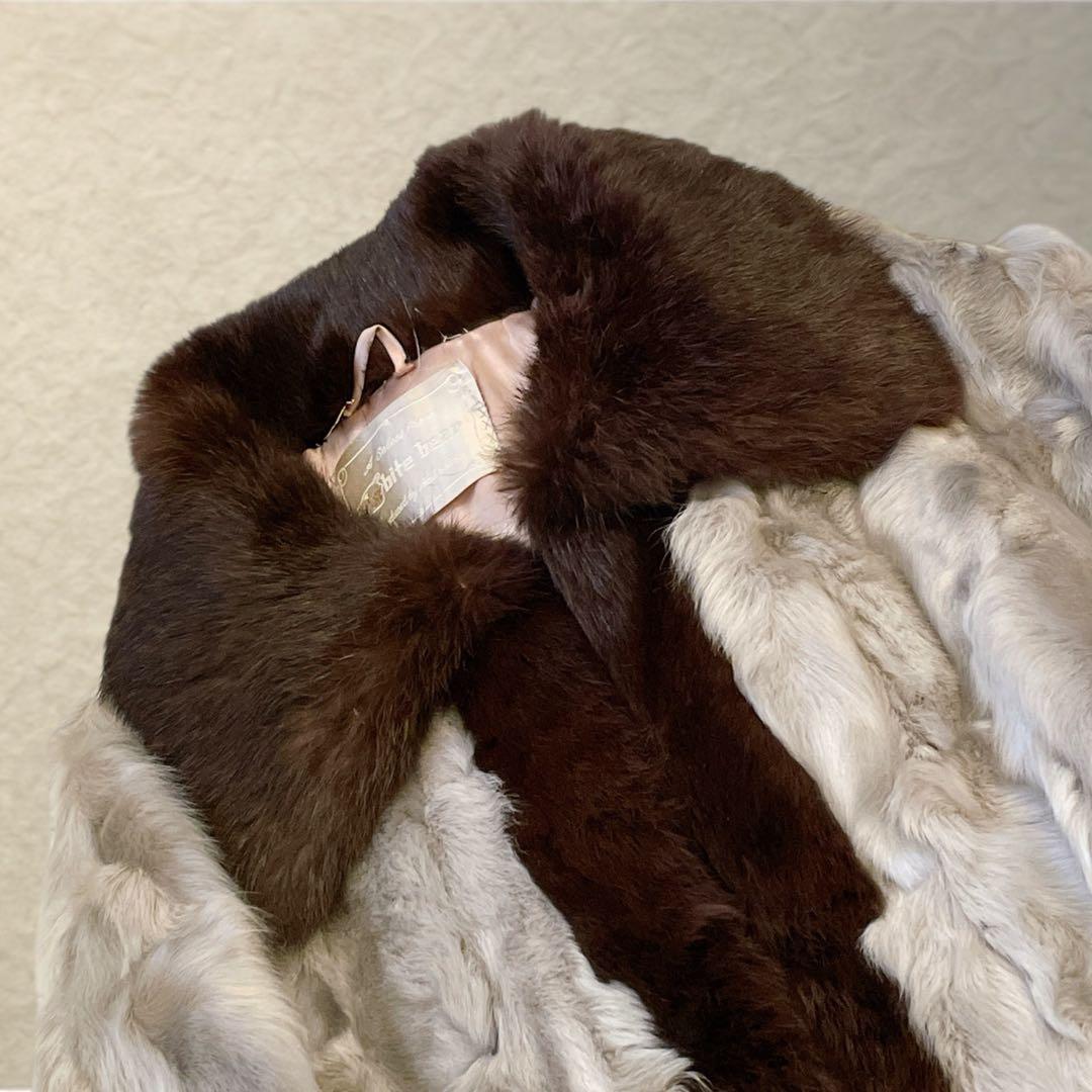 巻き毛ラム×ラビット ケープコート グレー×ブラウン リアルファー 裏地