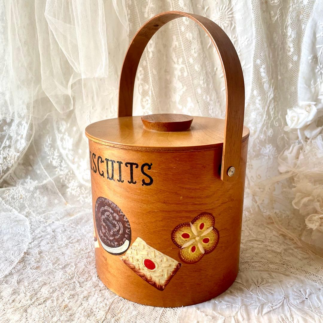 木製蓋付きビスケットジャー キャニスター入れ持ち手ハンドル