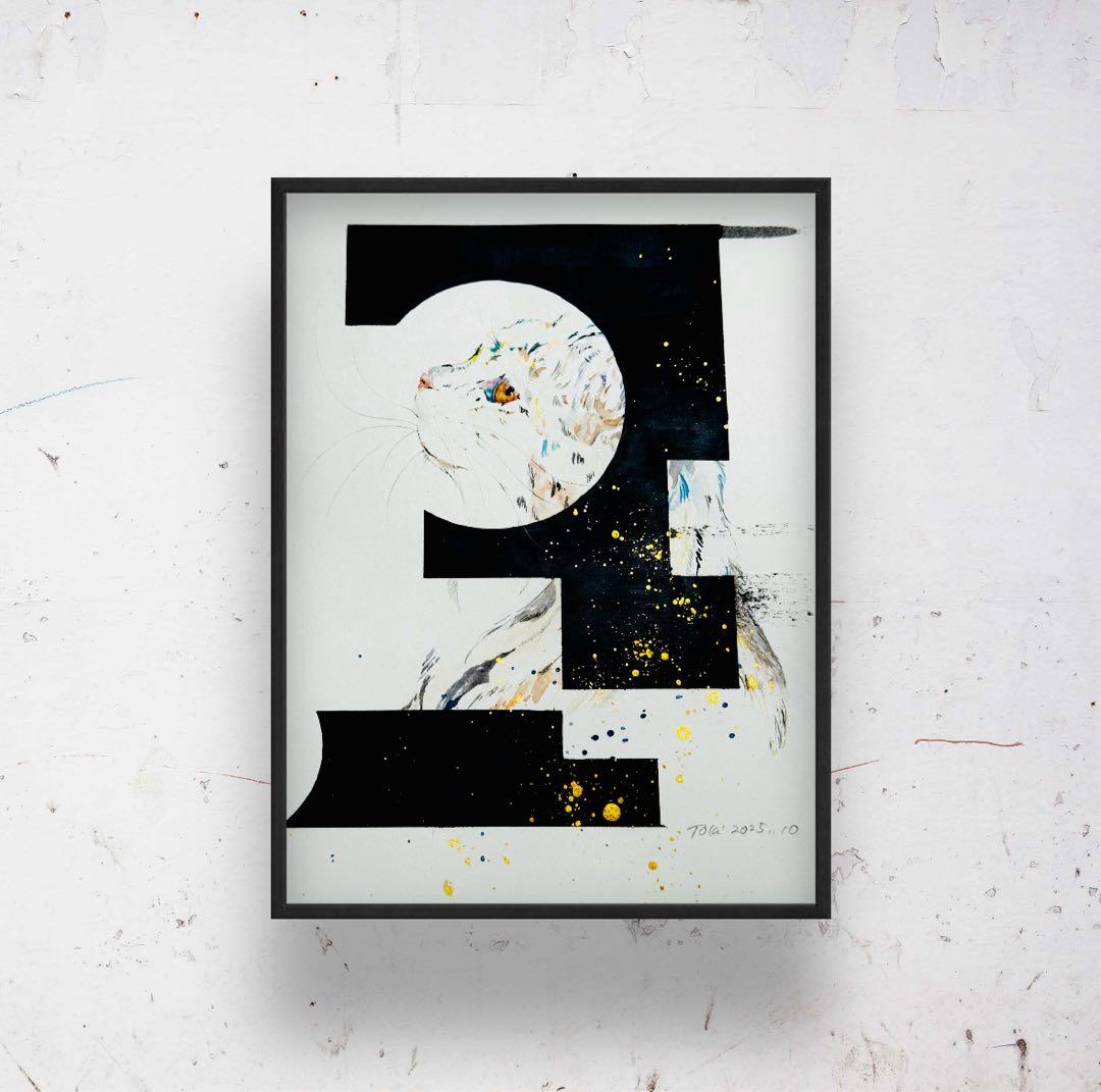 猫 鍵穴 原画 額装済-日本ンストア