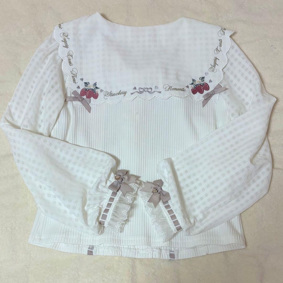 ストロベリー刺繍セーラーリブブラウス ピンク - メルカリ